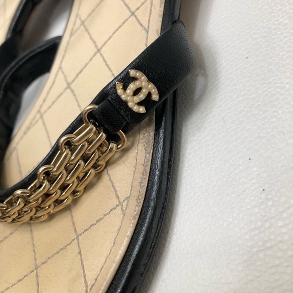 CHANEL Chain Lambskin Black CC Logo Sandals Sz 39 - Picture 8 of 11